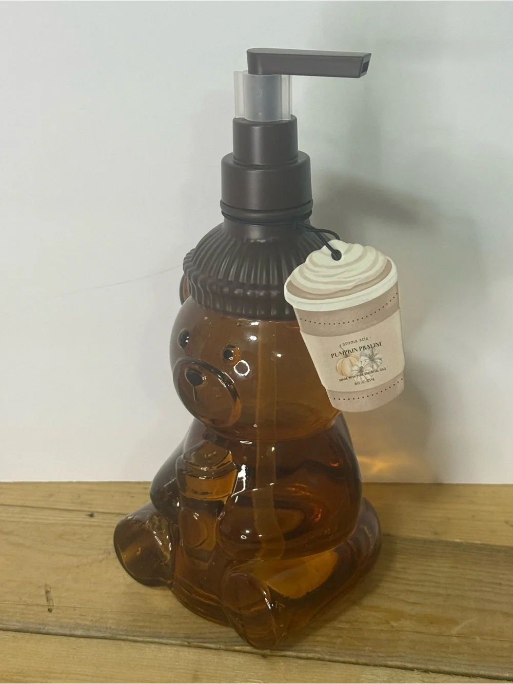 Viral Aroma Aria Bearista Brown Bear Glass Soap Dispenser 16 Oz Pumpkin Praline